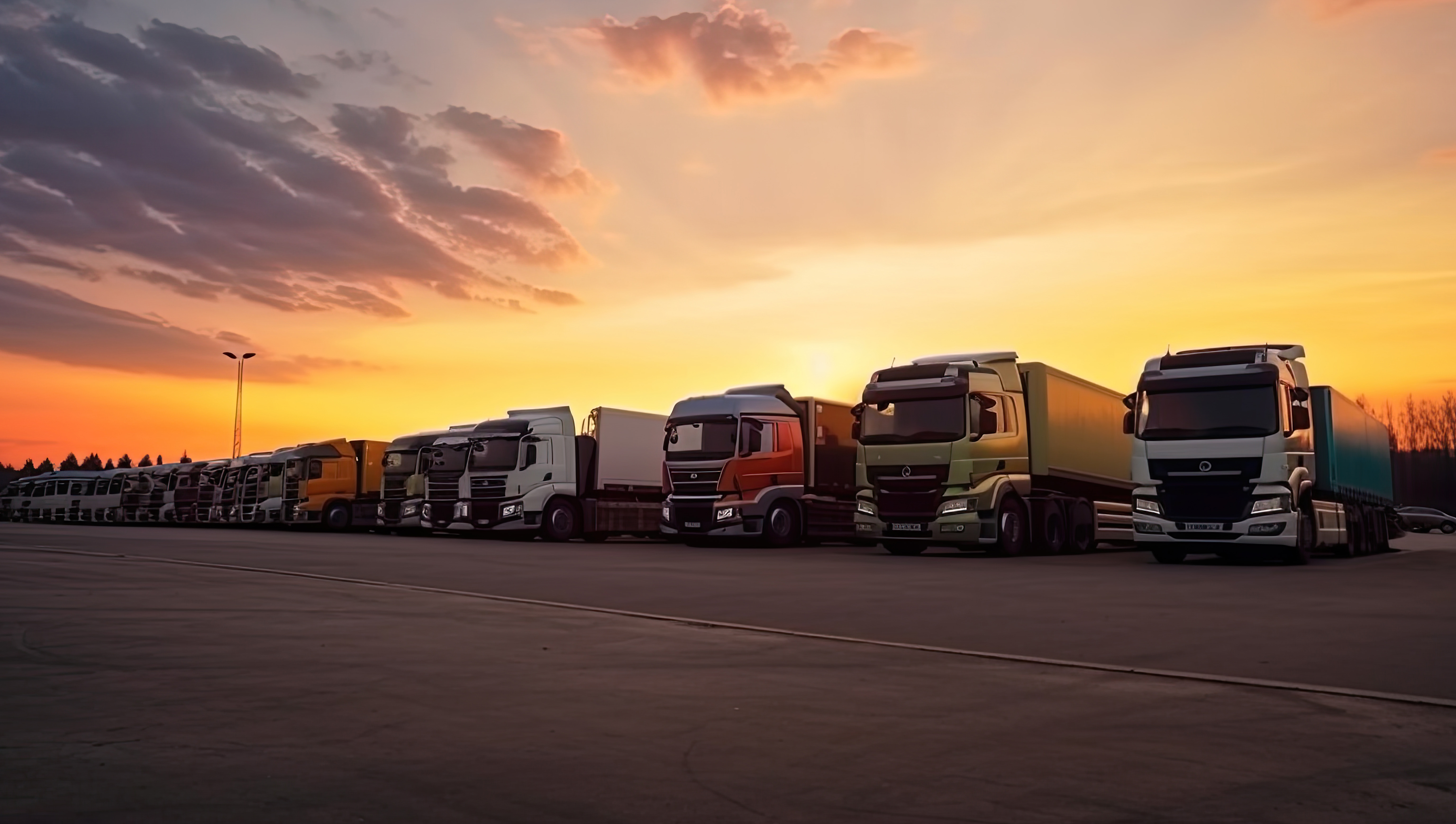 many transport trucks parked at a service station at sunset.